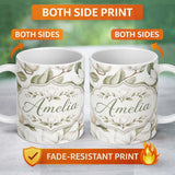 Personalized Custom Name Delicate Magnolia Bloom Pattern with Soft Botanical Leaves Seamless 11oz Ceramic Coffee Tea Mug White Large Handle