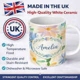 Personalized Custom Name Watercolor Blue Floral Botanical Seamless Pattern on Cream Lovely 11oz Ceramic Coffee Tea Mug White Large Handle