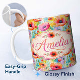 Personalized Custom Name Bright Watercolor Poppy Flowers with Color Splash Seamless Pattern 11oz Ceramic Coffee Tea Mug White Large Handle