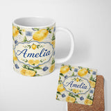 Personalized Custom Name Rustic Lemon Slice Postage Stamp Script Background Seamless Pattern 11oz Ceramic Coffee Tea Mug White Large Handle