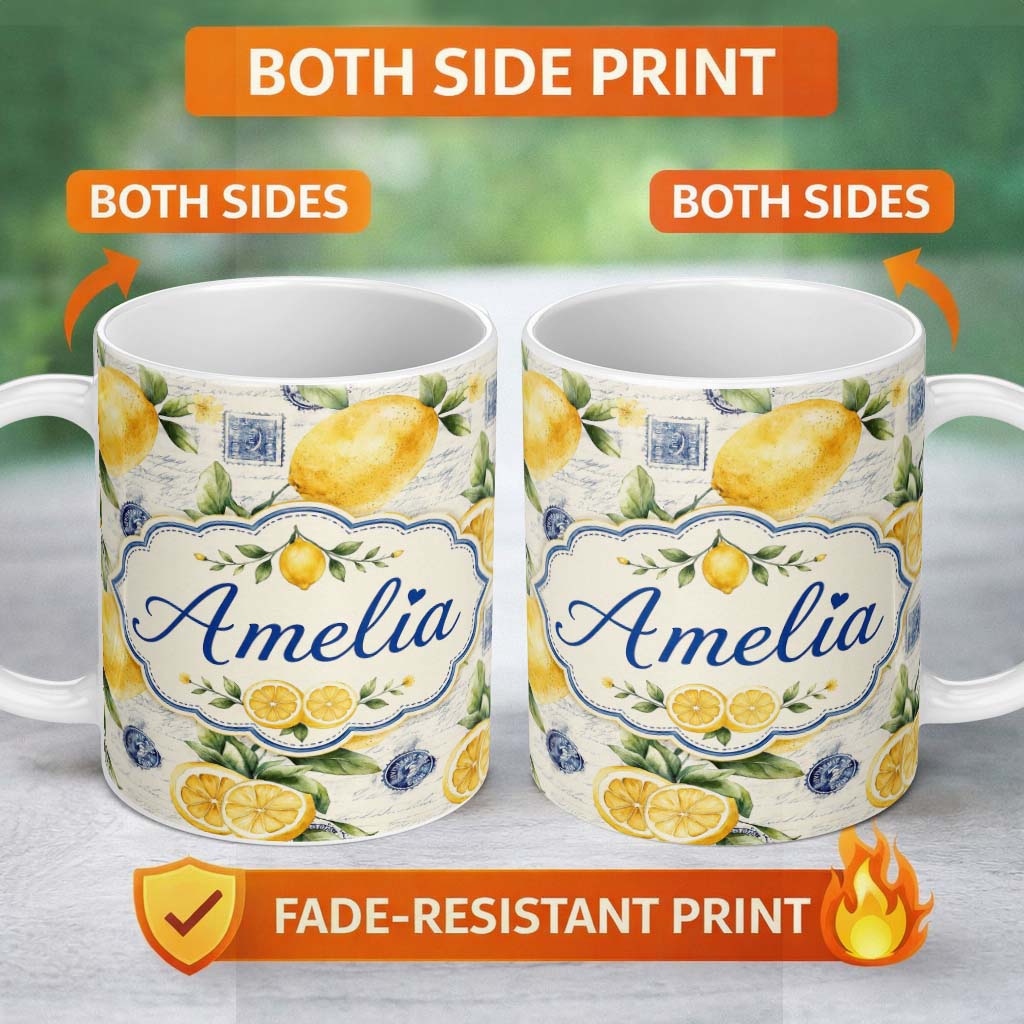 Personalized Custom Name Rustic Lemon Slice Postage Stamp Script Background Seamless Pattern 11oz Ceramic Coffee Tea Mug White Large Handle