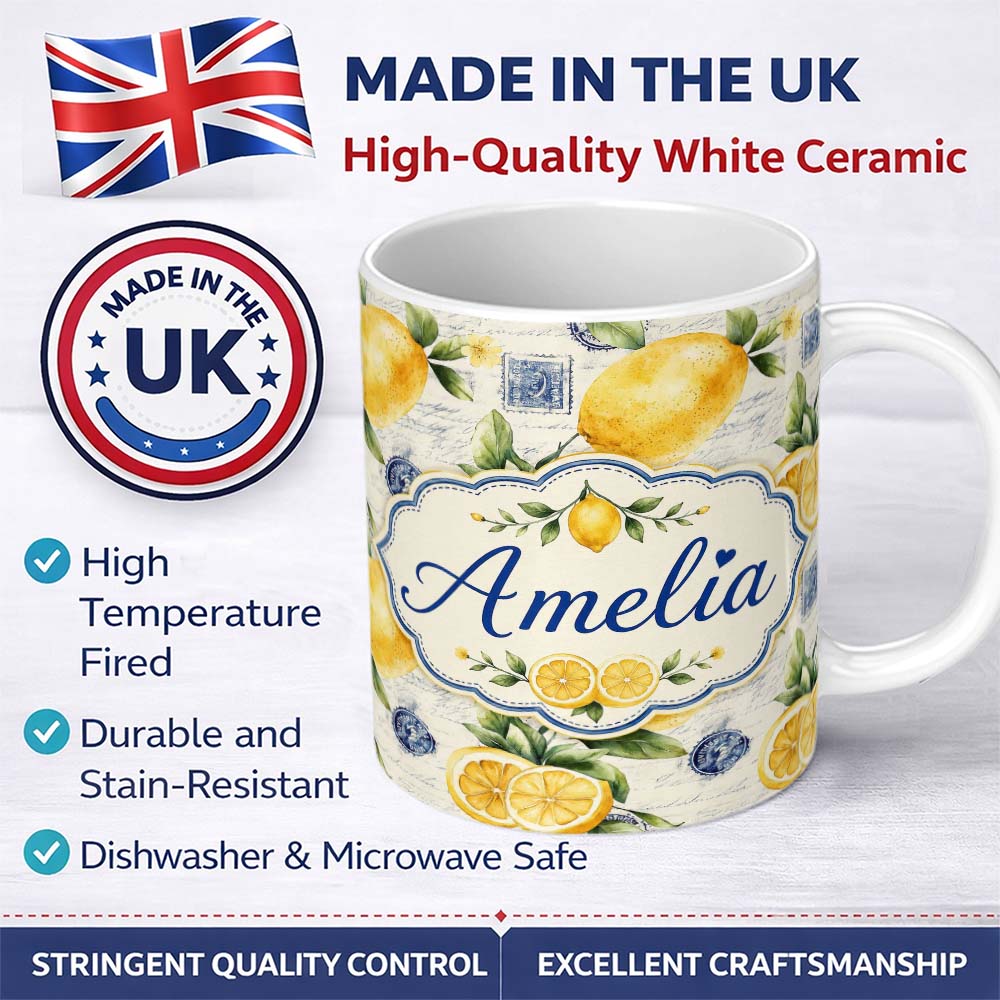 Personalized Custom Name Rustic Lemon Slice Postage Stamp Script Background Seamless Pattern 11oz Ceramic Coffee Tea Mug White Large Handle