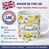 Personalized Custom Name Rustic Lemon Slice Postage Stamp Script Background Seamless Pattern 11oz Ceramic Coffee Tea Mug White Large Handle