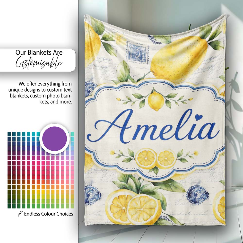 Rustic Lemon Slice Postage Stamp Script Background Seamless Pattern  Personalised Custom Name Super Soft Fleece Blanket Bed Sofa Throw