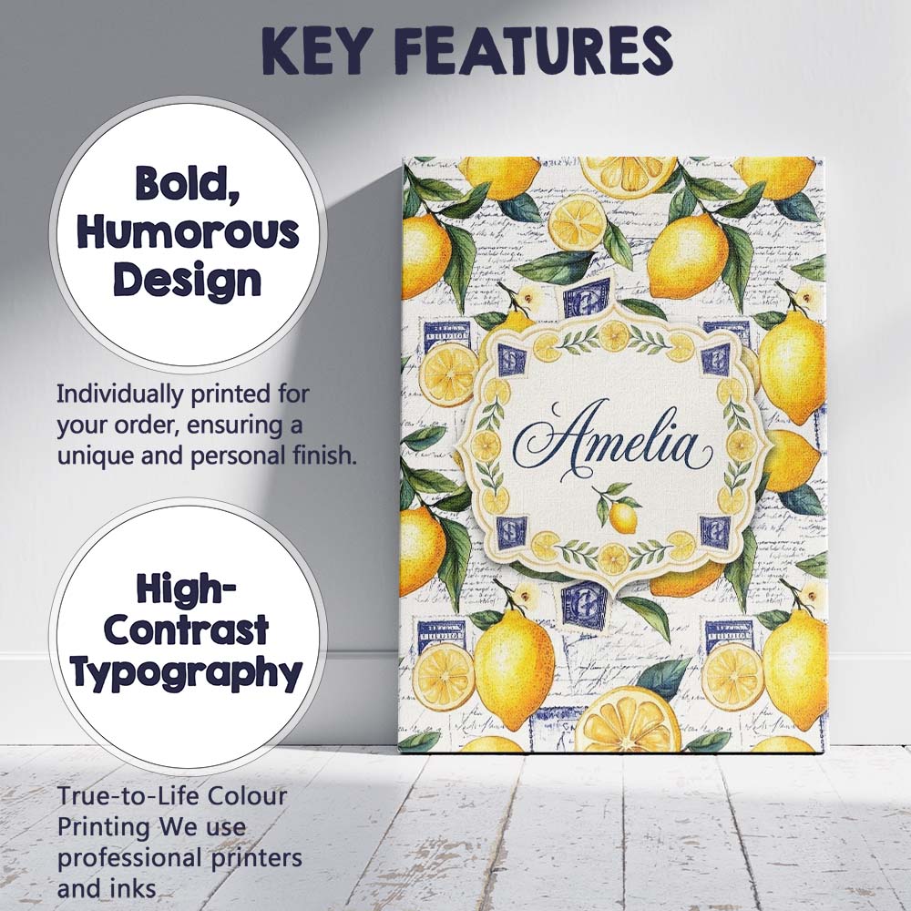 Personalised Name Classic Lemon Fruit Custom Modern Room Accent Creative Decorator Style Canvas Wall Art Print Decor Picture Ready to Hang