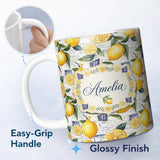 Personalized Custom Name Classic Lemon Fruit Botanical Vintage Script Collage Seamless 11oz Ceramic Coffee Tea Mug White Large Handle