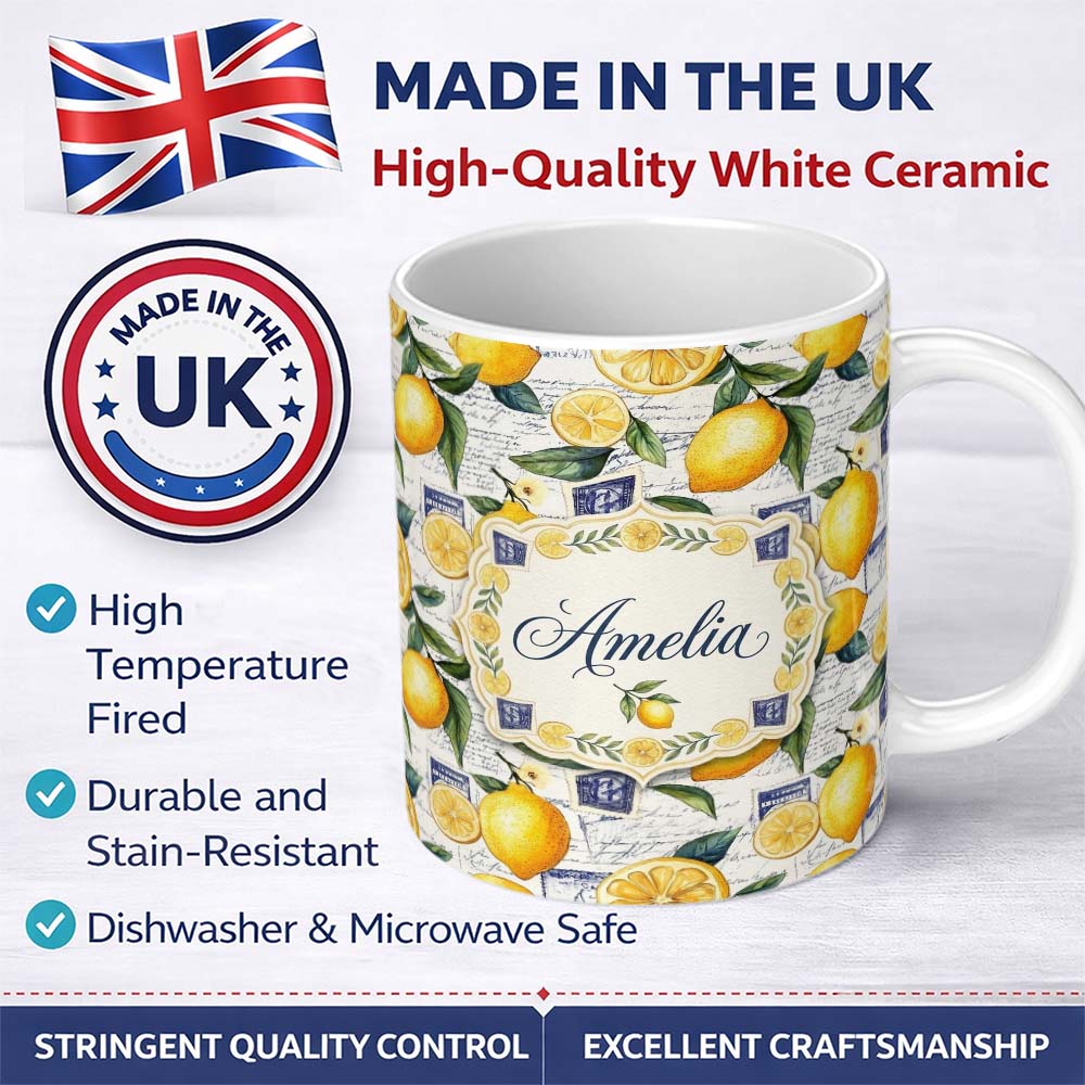 Personalized Custom Name Classic Lemon Fruit Botanical Vintage Script Collage Seamless 11oz Ceramic Coffee Tea Mug White Large Handle