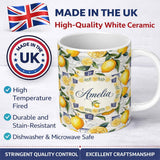 Personalized Custom Name Classic Lemon Fruit Botanical Vintage Script Collage Seamless 11oz Ceramic Coffee Tea Mug White Large Handle