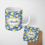 Personalized Custom Name Bright Lemon Slices Blue Ocean Waves Summer Coastal Seamless 11oz Ceramic Coffee Tea Mug White Large Handle