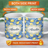 Personalized Custom Name Bright Lemon Slices Blue Ocean Waves Summer Coastal Seamless 11oz Ceramic Coffee Tea Mug White Large Handle
