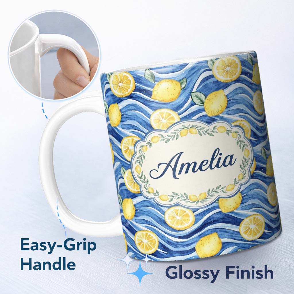 Personalized Custom Name Bright Lemon Slices Blue Ocean Waves Summer Coastal Seamless 11oz Ceramic Coffee Tea Mug White Large Handle