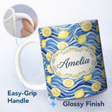 Personalized Custom Name Bright Lemon Slices Blue Ocean Waves Summer Coastal Seamless 11oz Ceramic Coffee Tea Mug White Large Handle