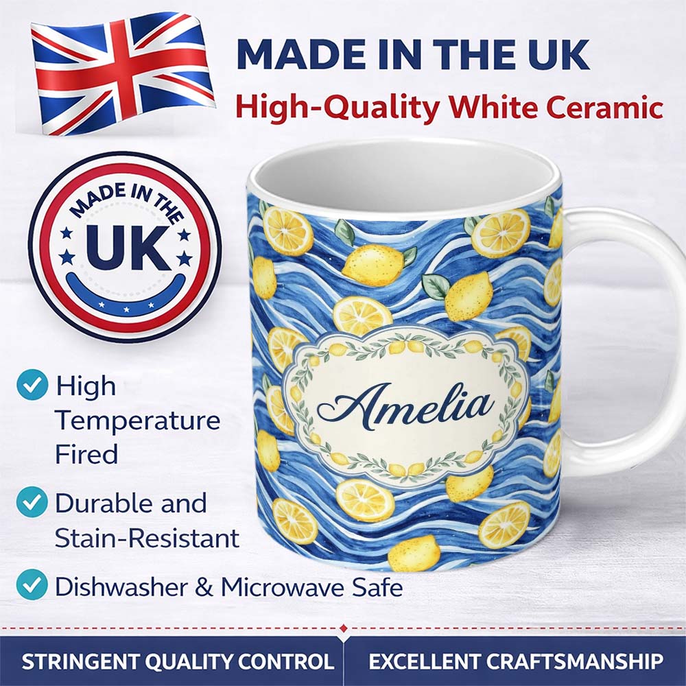 Personalized Custom Name Bright Lemon Slices Blue Ocean Waves Summer Coastal Seamless 11oz Ceramic Coffee Tea Mug White Large Handle