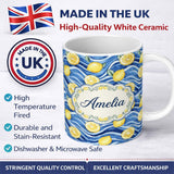 Personalized Custom Name Bright Lemon Slices Blue Ocean Waves Summer Coastal Seamless 11oz Ceramic Coffee Tea Mug White Large Handle