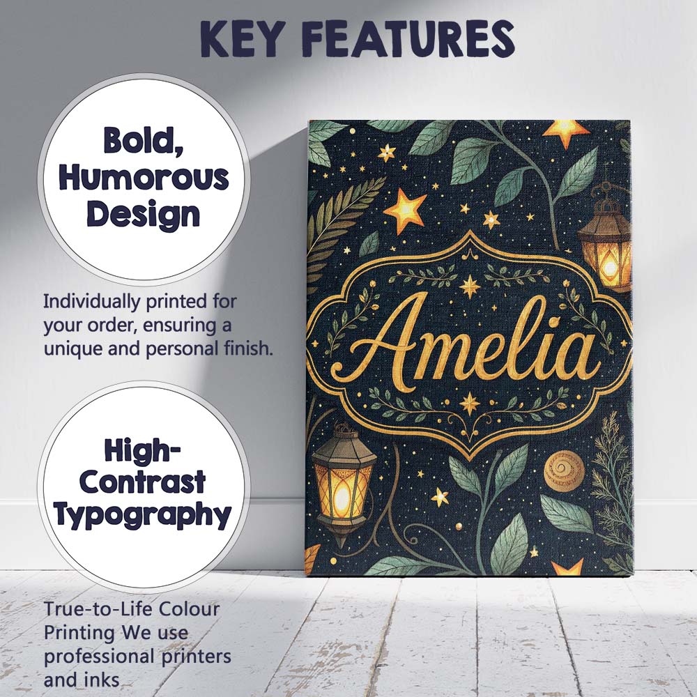 Personalised Name Lantern Leaves Stars Night Sky Botanical Seamless Custom Canvas Wall Art Print Decor Picture Ready to Hang
