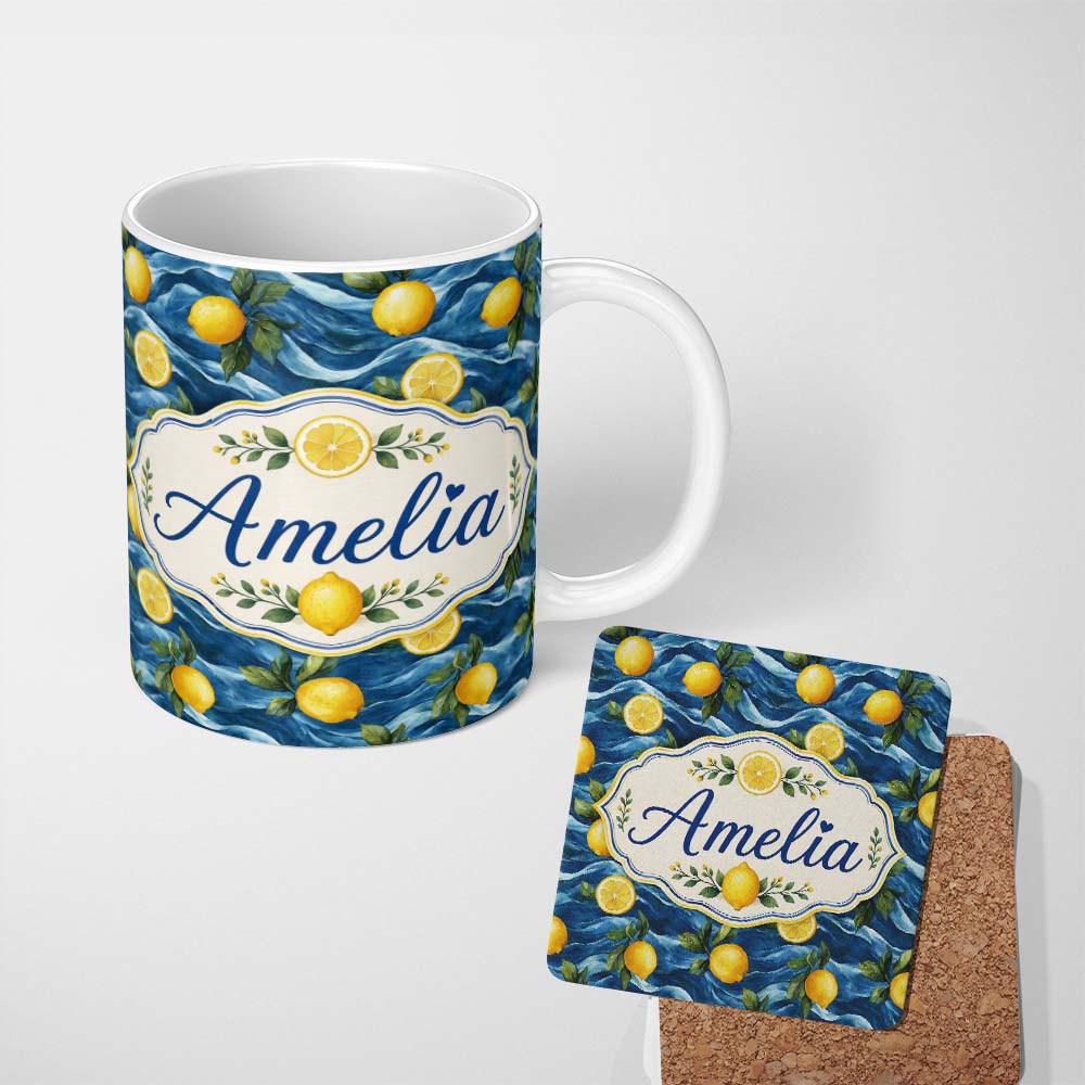 Personalized Custom Name Hand Painted Lemon Fruit Flowing Water Waves Seamless Pattern 11oz Ceramic Coffee Tea Mug White Large Handle