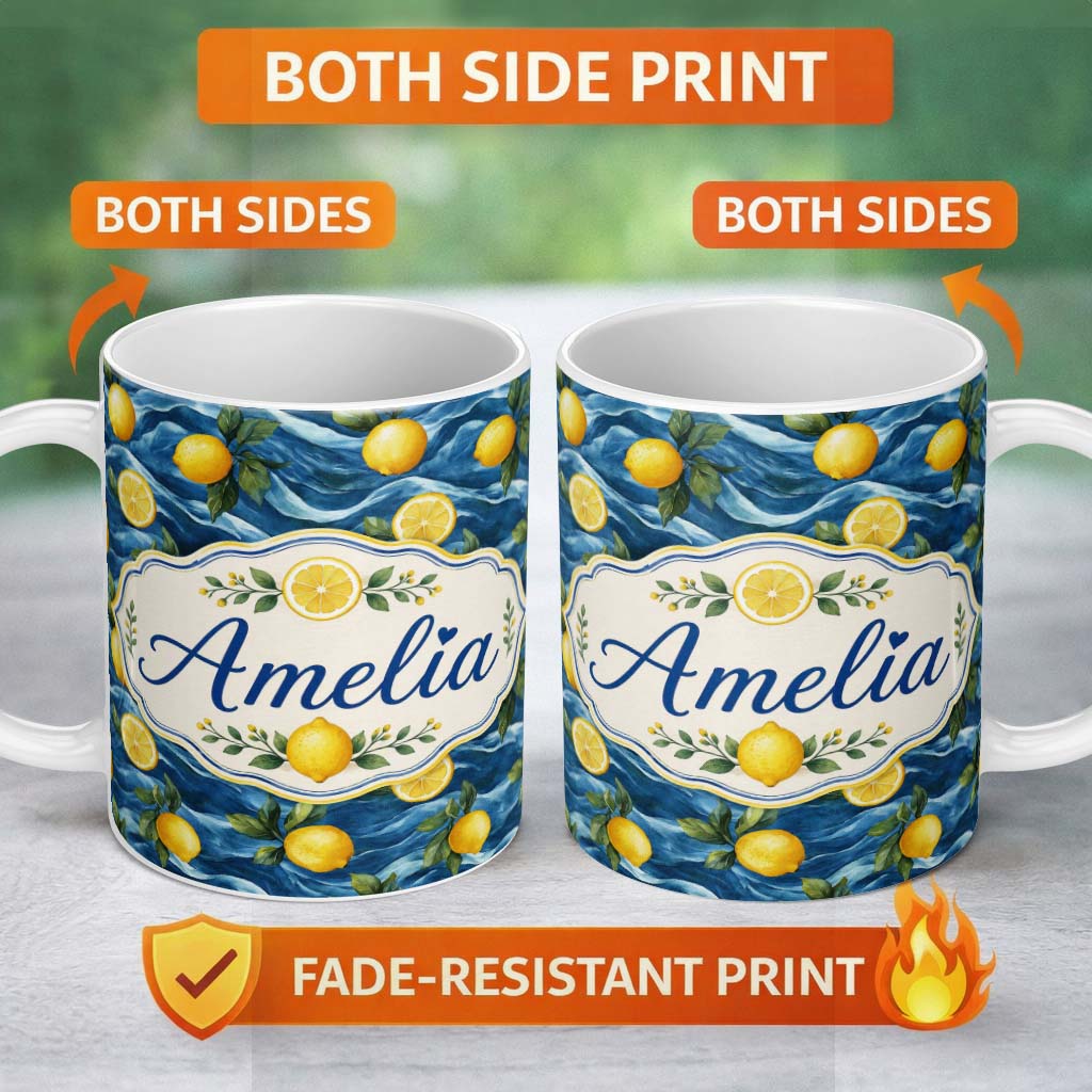 Personalized Custom Name Hand Painted Lemon Fruit Flowing Water Waves Seamless Pattern 11oz Ceramic Coffee Tea Mug White Large Handle