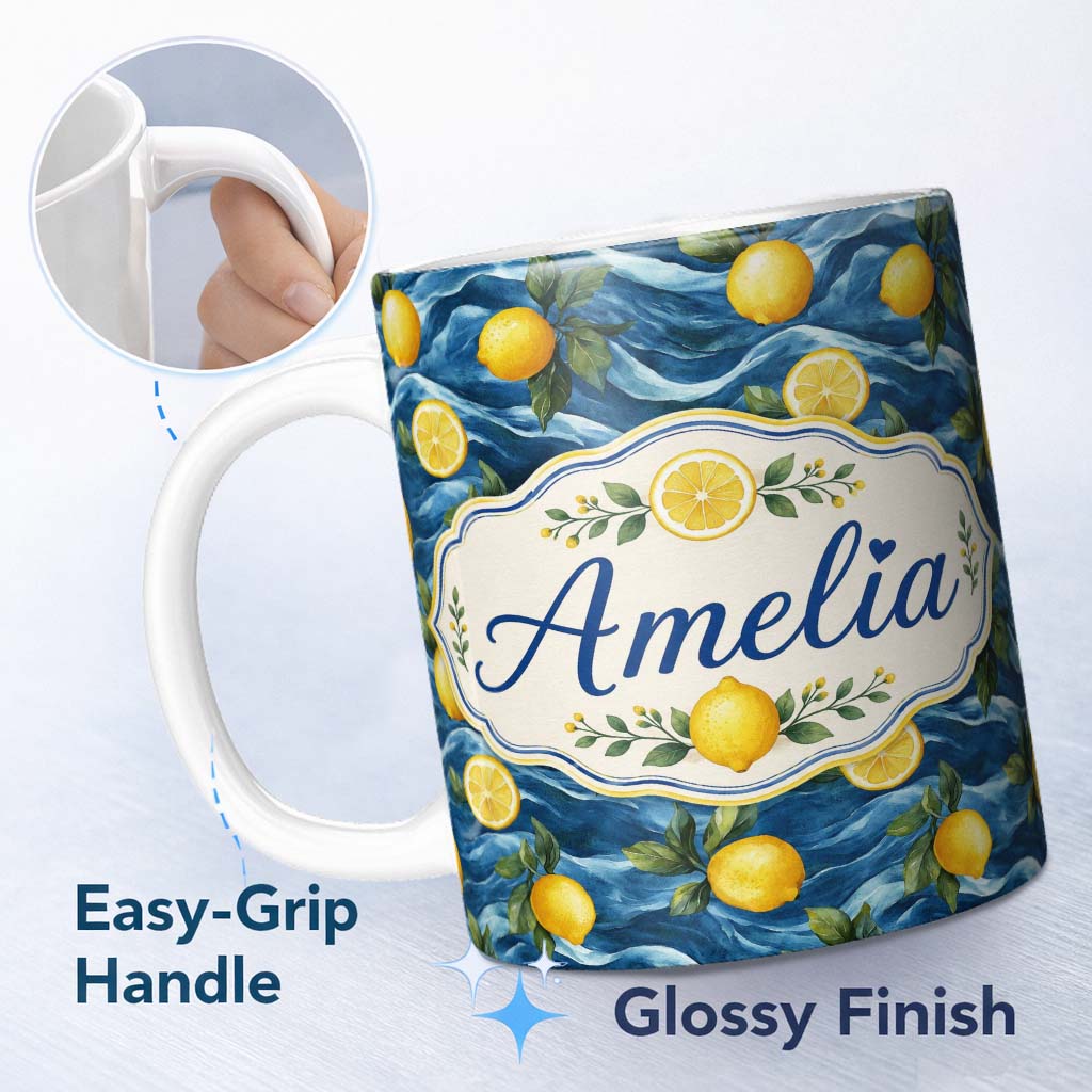 Personalized Custom Name Hand Painted Lemon Fruit Flowing Water Waves Seamless Pattern 11oz Ceramic Coffee Tea Mug White Large Handle