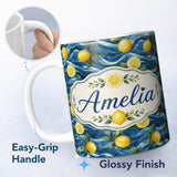 Personalized Custom Name Hand Painted Lemon Fruit Flowing Water Waves Seamless Pattern 11oz Ceramic Coffee Tea Mug White Large Handle
