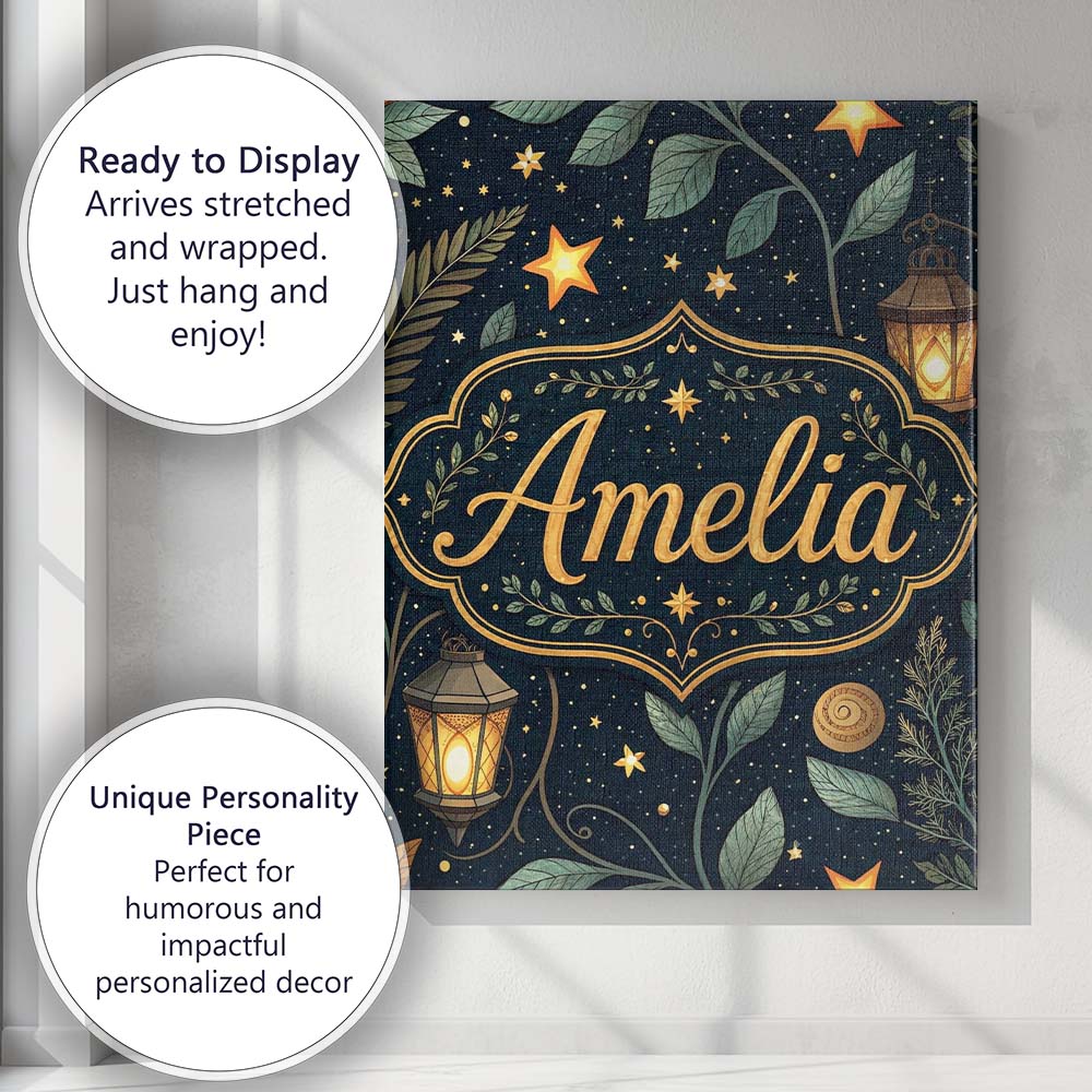 Personalised Name Lantern Leaves Stars Night Sky Botanical Seamless Custom Canvas Wall Art Print Decor Picture Ready to Hang