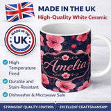 Personalized Custom Name Stylized Cherry Blossom Flowers with Heart Buds Pattern Modern 11oz Ceramic Coffee Tea Mug White Large Handle