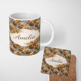 Personalized Custom Name Vintage Style Brown Rabbit Garden Illustration Seamless Pattern 11oz Ceramic Coffee Tea Mug White Large Handle