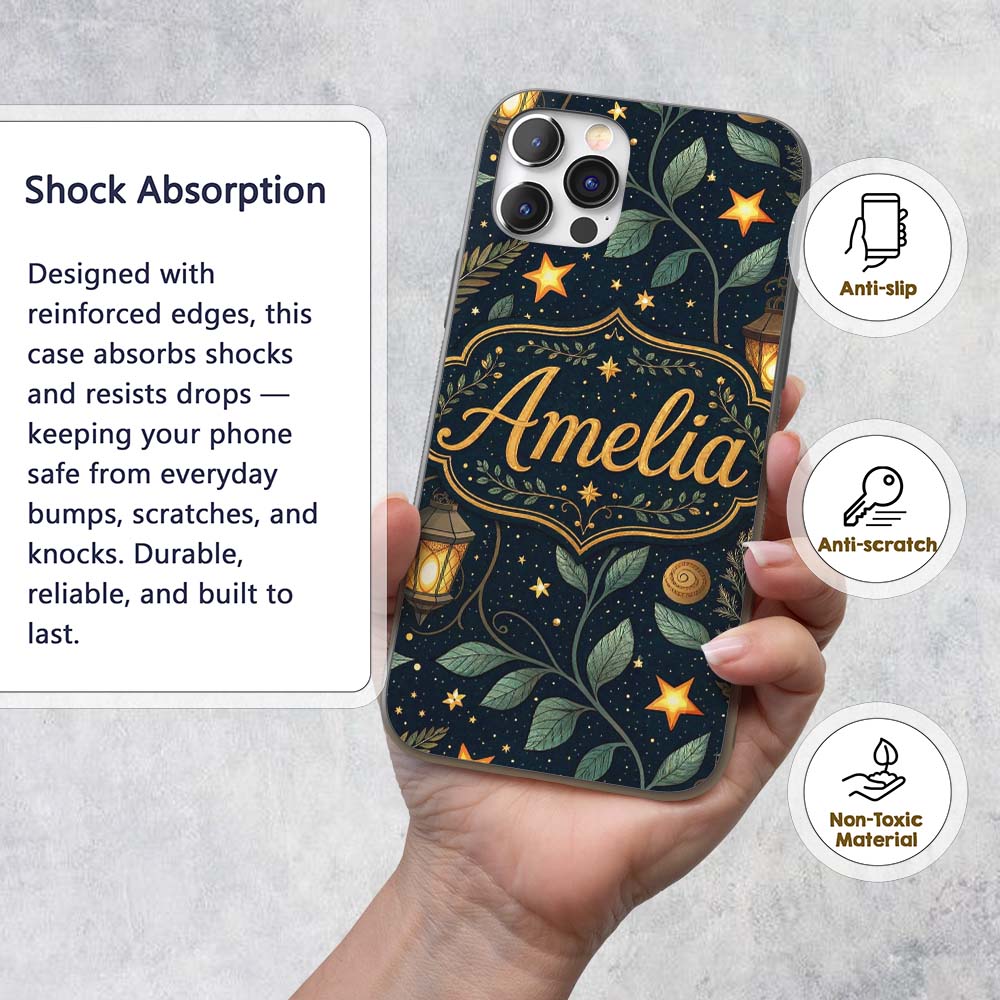 Lantern Leaves Stars Night Sky Botanical Seamless Custom Name Protective Phone Case Mobile Cover Durable Everyday Smartphone Shock Resistant