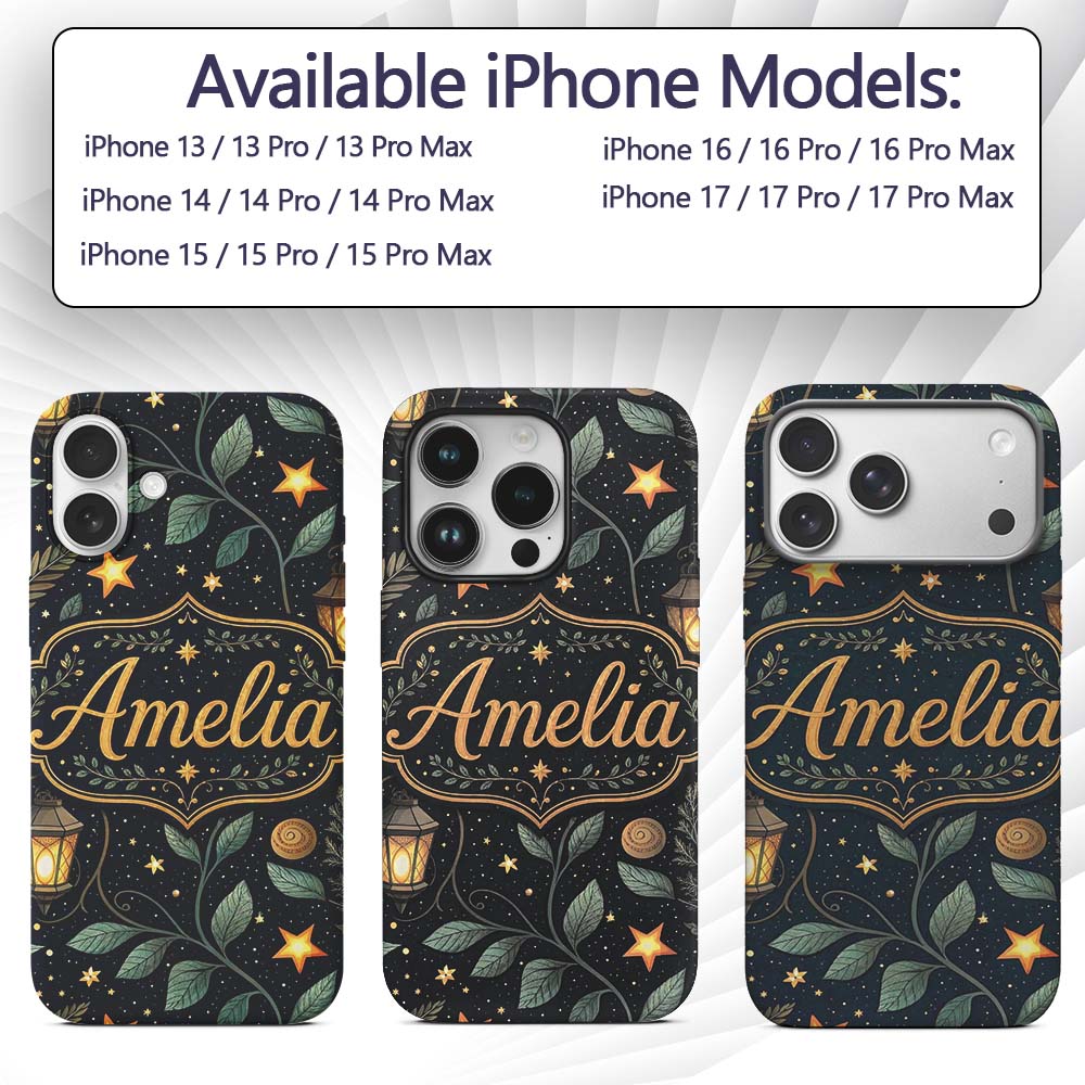 Lantern Leaves Stars Night Sky Botanical Seamless Custom Name Protective Phone Case Mobile Cover Durable Everyday Smartphone Shock Resistant
