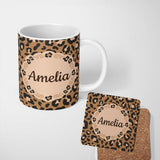 Personalized Custom Name Modern Leopard Animal Print Seamless Pattern Stylish Fashion Design 11oz Ceramic Coffee Tea Mug White Large Handle