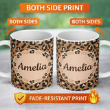 Personalized Custom Name Modern Leopard Animal Print Seamless Pattern Stylish Fashion Design 11oz Ceramic Coffee Tea Mug White Large Handle