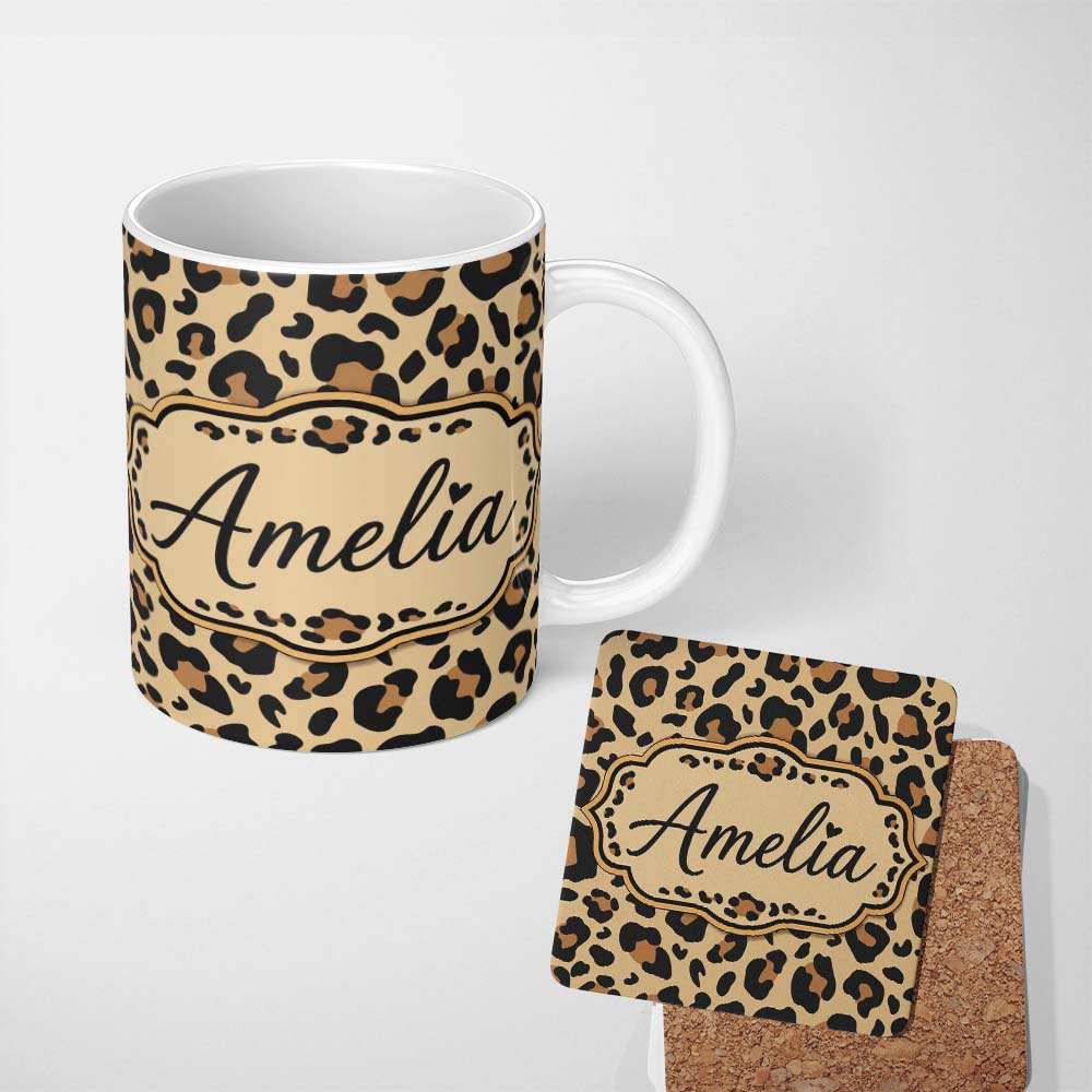 Personalized Custom Name Classic Leopard Spots Pattern Natural Wildlife Texture Seamless 11oz Ceramic Coffee Tea Mug White Large Handle