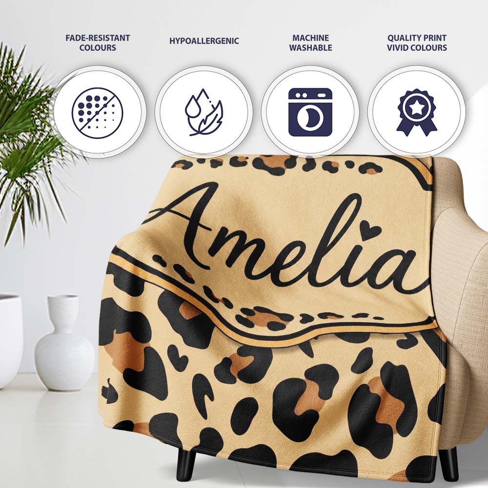 Classic Leopard Spots Pattern Natural Wildlife Texture Seamless  Personalised Custom Name Super Soft Fleece Blanket Bed Sofa Throw