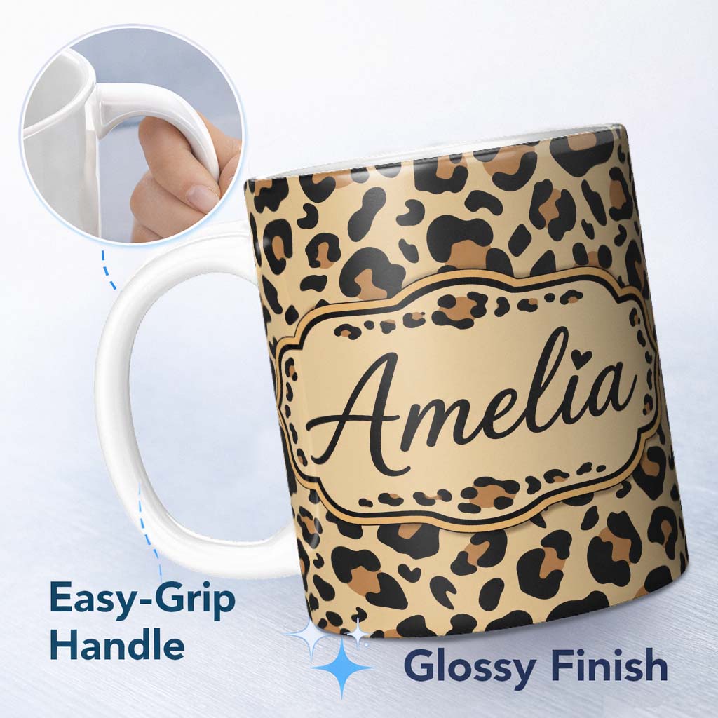 Personalized Custom Name Classic Leopard Spots Pattern Natural Wildlife Texture Seamless 11oz Ceramic Coffee Tea Mug White Large Handle