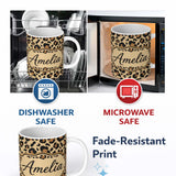 Personalized Custom Name Classic Leopard Spots Pattern Natural Wildlife Texture Seamless 11oz Ceramic Coffee Tea Mug White Large Handle