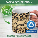 Personalized Custom Name Classic Leopard Spots Pattern Natural Wildlife Texture Seamless 11oz Ceramic Coffee Tea Mug White Large Handle