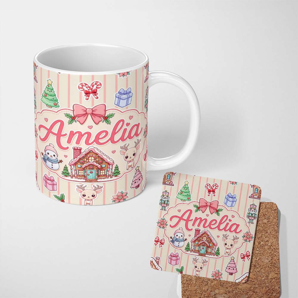 Personalized Custom Name Cute Christmas Festive Stickers Gingerbread House Tree Cream Stripe 11oz Ceramic Coffee Tea Mug White Large Handle