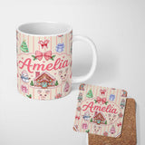 Personalized Custom Name Cute Christmas Festive Stickers Gingerbread House Tree Cream Stripe 11oz Ceramic Coffee Tea Mug White Large Handle