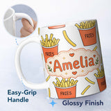 Personalized Custom Name Cute French Fries Cartoon Snack Food Light Grey Background Seamless 11oz Ceramic Coffee Tea Mug White Large Handle