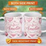 Personalized Custom Name Elegant Pink Christmas Baubles Watercolor Seamless Pattern Lovely 11oz Ceramic Coffee Tea Mug White Large Handle