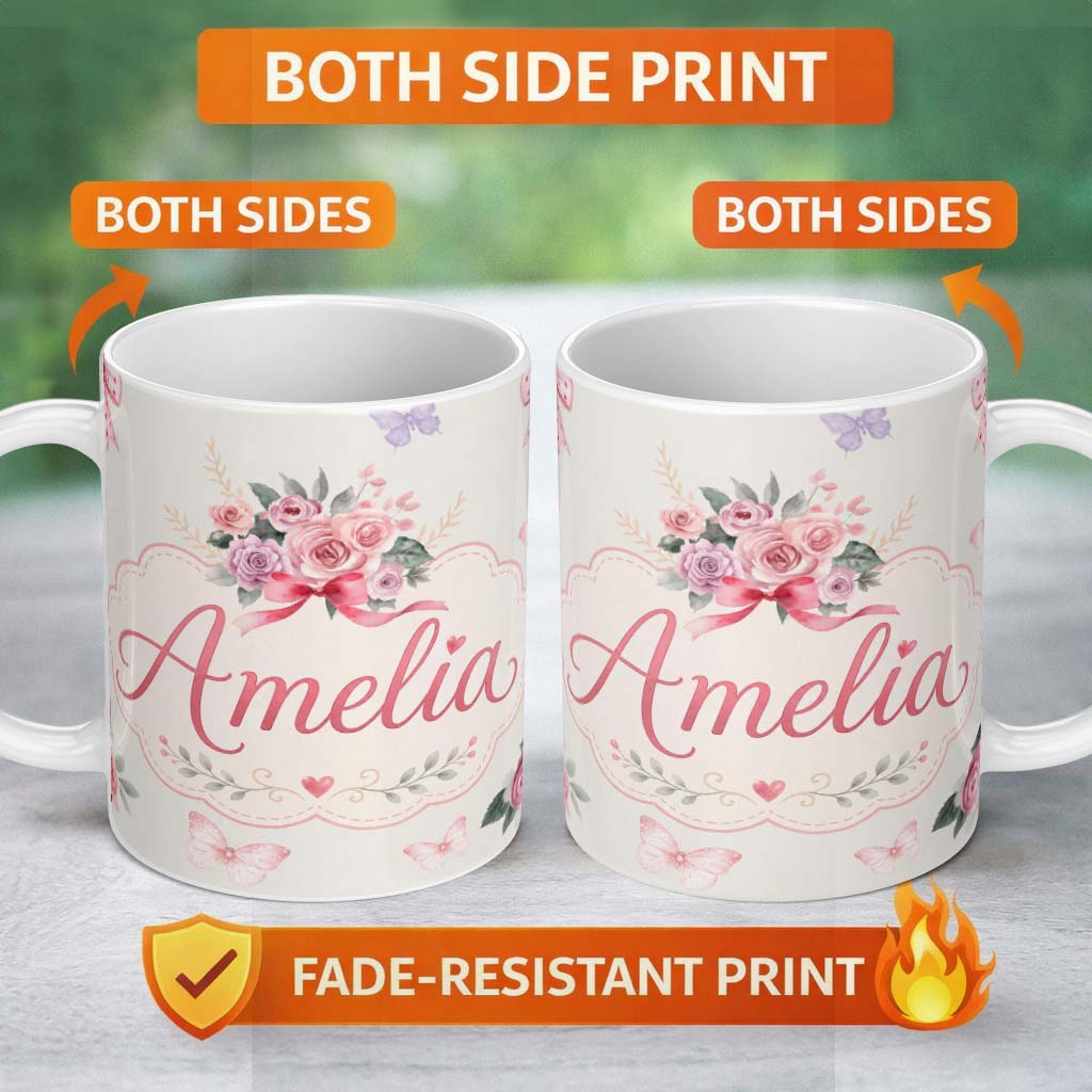 Personalized Custom Name Cute Watercolor Roses Bouquet with Red Ribbon Light Cream Background 11oz Ceramic Coffee Tea Mug White Large Handle