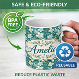 Personalized Custom Name Aqua Floral Blossom Pattern with Soft White Flowers and Green Leaves 11oz Ceramic Coffee Tea Mug White Large Handle