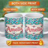 Personalized Custom Name Colorful Gem Crystal Diamond Seamless Pattern on Teal Background 11oz Ceramic Coffee Tea Mug White Large Handle