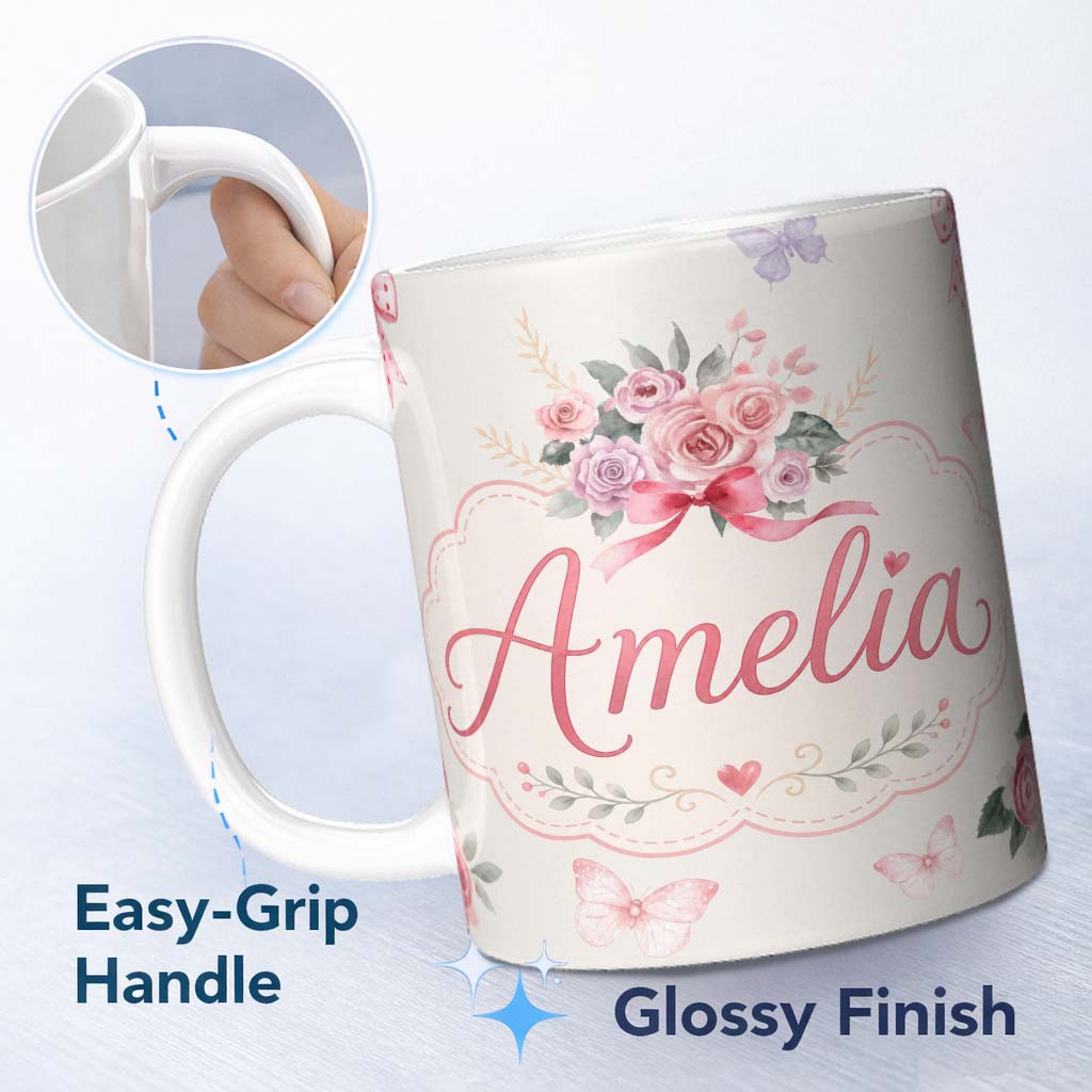 Personalized Custom Name Cute Watercolor Roses Bouquet with Red Ribbon Light Cream Background 11oz Ceramic Coffee Tea Mug White Large Handle