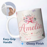 Personalized Custom Name Cute Watercolor Roses Bouquet with Red Ribbon Light Cream Background 11oz Ceramic Coffee Tea Mug White Large Handle
