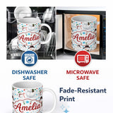 Personalized Custom Name Happy Snowman Winter Holiday Seamless Pattern Cute Unique Gift 11oz Ceramic Coffee Tea Mug White Large Handle