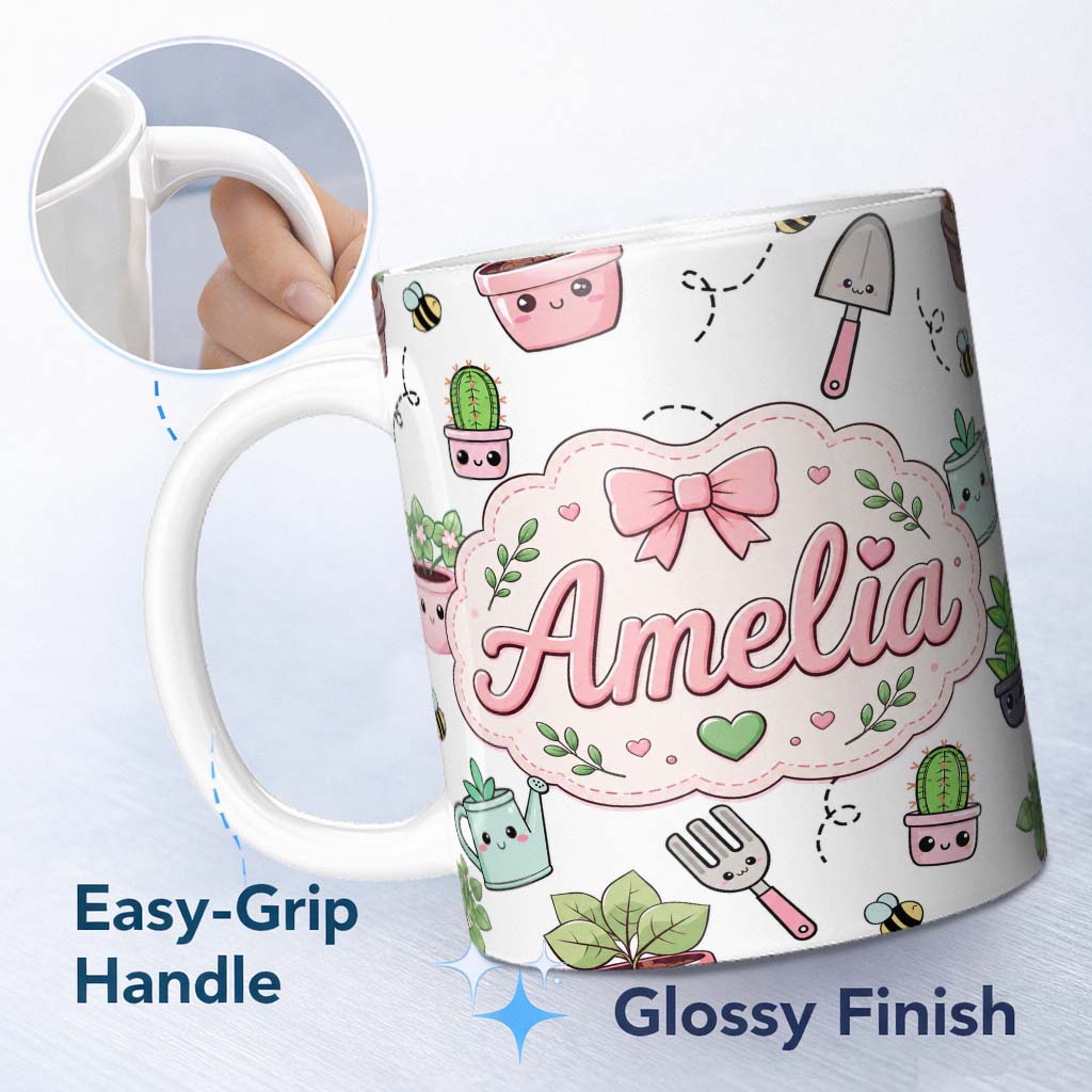 Personalized Custom Name Cute Kawaii Garden Tools Plants Bees Seamless Pattern Grey Lovely 11oz Ceramic Coffee Tea Mug White Large Handle