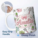 Personalized Custom Name Cute Kawaii Garden Tools Plants Bees Seamless Pattern Grey Lovely 11oz Ceramic Coffee Tea Mug White Large Handle