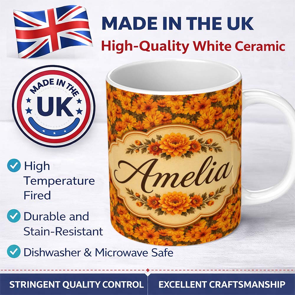 Personalized Custom Name Dense Orange Marigold Floral Seamless Pattern Warm Autumn Tones 11oz Ceramic Coffee Tea Mug White Large Handle