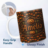 Personalized Custom Name Hanging Pumpkin and Leaves on Dark Wooden Background Halloween 11oz Ceramic Coffee Tea Mug White Large Handle