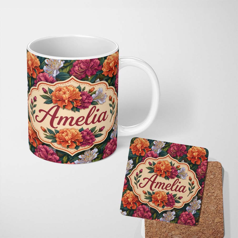Personalized Custom Name Orange Purple and White Floral Botanical Seamless Pattern Lovely 11oz Ceramic Coffee Tea Mug White Large Handle